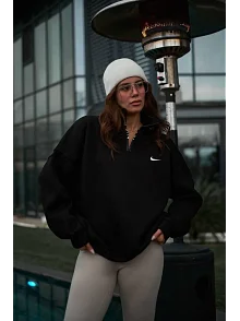 Kadın Yarım Fermuarlı Üç İplik Şardonlu Pamuklu Sweatshirt - Siyah