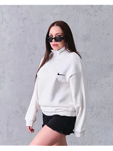 Kadın Yarım Fermuarlı Üç İplik Şardonlu Pamuklu Sweatshirt - Beyaz