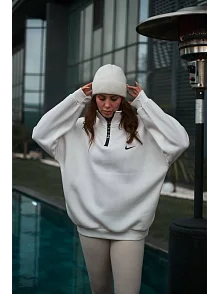 Kadın Yarım Fermuarlı Üç İplik Şardonlu Pamuklu Sweatshirt - Beyaz Kadın Yarım Fermuarlı Üç İplik Şardonlu Pamuklu Sweatshirt - Beyaz
