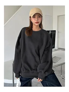 Kadın Düz Bisiklet Yaka 3 İplik Sweatshirt - Siyah