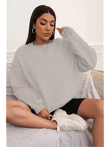 Kadın Düz Bisiklet Yaka 3 İplik Sweatshirt - Boyalı Gri