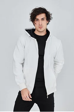 Erkek 3 İplik Pamuklu Fermuarlı Kapüşonlu Kanguru Cepli Hoodie Hırka Sweatshirt - Beyaz