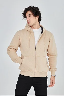 Erkek 3 İplik Pamuklu Fermuarlı Kapüşonlu Kanguru Cepli Hoodie Hırka Sweatshirt -bej