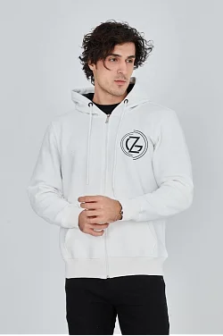 Erkek 3 İplik Pamuklu Fermuarlı Kapüşonlu Kanguru Cepli Baskılı Hoodie - Beyaz