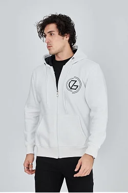 Erkek 3 İplik Pamuklu Fermuarlı Kapüşonlu Kanguru Cepli Baskılı Hoodie - Beyaz Erkek 3 İplik Pamuklu Fermuarlı Kapüşonlu Kanguru Cepli Baskılı Hoodie - Beyaz