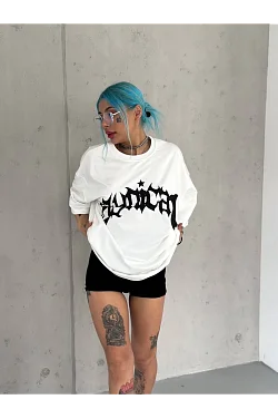Kadın Baskıkı Bisiklet Yaka T-shirt - Beyaz Kadın Baskıkı Bisiklet Yaka T-shirt - Beyaz