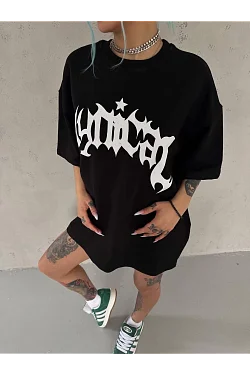Kadın Baskılı Bisiklet Yaka T-shirt - Siyah