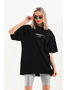 Kadın Baskılı Oversize Kısa Kol  T-shirt - Siyah