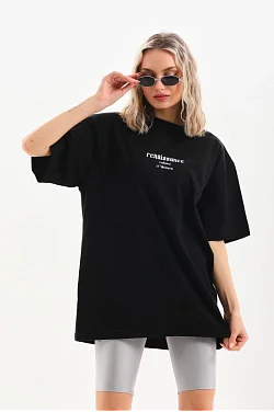 Kadın Baskılı Oversize Kısa Kol  T-shirt - Siyah
