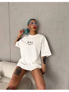 Kadın Baskılı Kısa Kol Oversize T-shirt - Beyaz