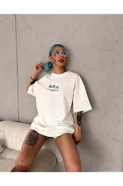 Kadın Baskılı Kısa Kol Oversize T-shirt - Beyaz