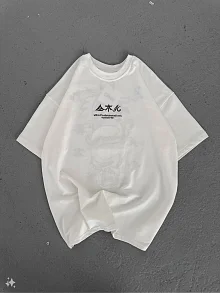 Kadın Baskılı Kısa Kol Oversize T-shirt - Beyaz Kadın Baskılı Kısa Kol Oversize T-shirt - Beyaz