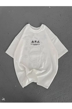 Kadın Baskılı Kısa Kol Oversize T-shirt - Beyaz Kadın Baskılı Kısa Kol Oversize T-shirt - Beyaz