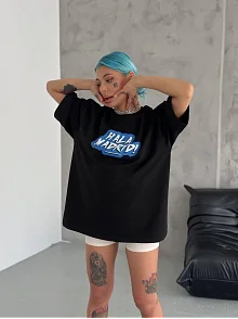 Kadın Kısa Kol Yazlık Tişört Bisiklet Yaka Baskılı Oversize T-shirt - Siyah Kadın Kısa Kol Yazlık Tişört Bisiklet Yaka Baskılı Oversize T-shirt - Siyah