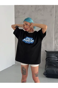 Kadın Kısa Kol Yazlık Tişört Bisiklet Yaka Baskılı Oversize T-shirt - Siyah Kadın Kısa Kol Yazlık Tişört Bisiklet Yaka Baskılı Oversize T-shirt - Siyah