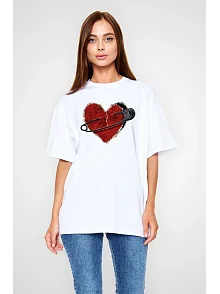 Kadın Bisiklet Yaka Baskılı Kısa Kol T-shirt - Beyaz Kadın Bisiklet Yaka Baskılı Kısa Kol T-shirt - Beyaz