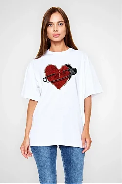 Kadın Bisiklet Yaka Baskılı Kısa Kol T-shirt - Beyaz Kadın Bisiklet Yaka Baskılı Kısa Kol T-shirt - Beyaz