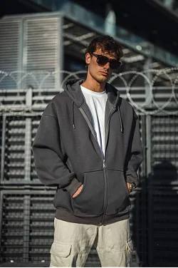 Erkek Tam Fermuarlı Cepli Kapüşonlu 3 İplik Pamuklu Hoodie Sweatshirt - Füme Erkek Tam Fermuarlı Cepli Kapüşonlu 3 İplik Pamuklu Hoodie Sweatshirt - Füme
