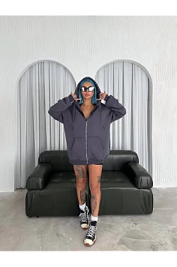 Kadın Oversize Tam Fermuarlı Uzun Kol Hırka - Füme Kadın Oversize Tam Fermuarlı Uzun Kol Hırka - Füme