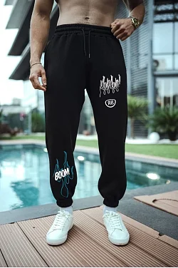 Erkek Kışlık Üç İplik Baskılı Eşofman Pantolon - Siyah
