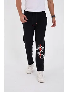 Erkek Kışlık Üç İplik Baskılı Eşofman Pantolon - Siyah