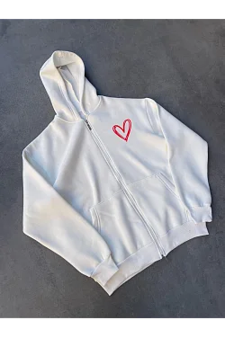 Kadın 3 İplik Pamuklu Fermuarlı Kapüşonlu Sweatshirt Hoodie Hırka - Beyaz Kadın 3 İplik Pamuklu Fermuarlı Kapüşonlu Sweatshirt Hoodie Hırka - Beyaz