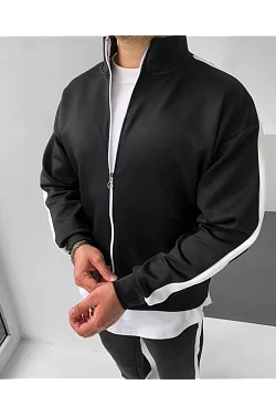 Erkek Scuba Kumaş Oversize Şerit Detaylı Fermuarlı Alt Üst Eşofman Takımı - Siyah
