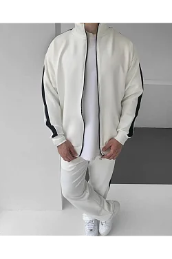 Erkek Scuba Kumaş Oversize Şerit Detaylı Fermuarlı Alt Üst Eşofman Takımı - Beyaz
