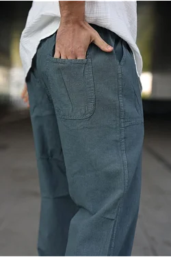 Erkek Ham Keten Beli Lastikli Cepli Regular Fit Boru Paça Pantolon - İndigo Erkek Ham Keten Beli Lastikli Cepli Regular Fit Boru Paça Pantolon - İndigo