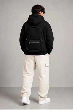 Erkek 3 İplik Şardonlu Tam Fermuarlı Kapüşonlu Arka Çanta Detaylı Sweatshirt - Siyah
