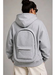 Kadın 3 İplik Şardonlu Tam Fermuarlı Kapüşonlu Arka Çanta Detaylı Sweatshirt - Gri