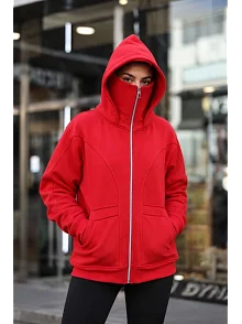 Kadın Maskeli Ninja Model Çift Kapüşonlu 3 İplik Şardonlu Fermuarlı Oversize Sweatshirt - Kırmızı