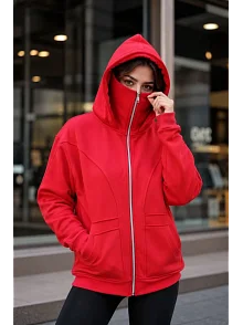 Kadın Maskeli Ninja Model Çift Kapüşonlu 3 İplik Şardonlu Fermuarlı Oversize Sweatshirt - Kırmızı Kadın Maskeli Ninja Model Çift Kapüşonlu 3 İplik Şardonlu Fermuarlı Oversize Sweatshirt - Kırmızı