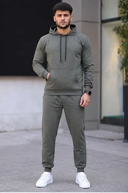 Erkek İki İplik Kapüşonlu Kanguru Cepli Sweatshirt Jogger Pantolon Alt Üst Eşofman Takımı - Haki