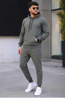 Erkek İki İplik Kapüşonlu Kanguru Cepli Sweatshirt Jogger Pantolon Alt Üst Eşofman Takımı - Haki