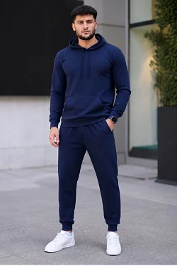 Erkek İki İplik Kapüşonlu Kanguru Cepli Sweatshirt Jogger Pantolon Alt Üst Eşofman Takımı - Lacivert