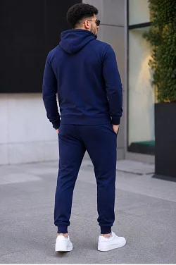 Erkek İki İplik Kapüşonlu Kanguru Cepli Sweatshirt Jogger Pantolon Alt Üst Eşofman Takımı - Lacivert