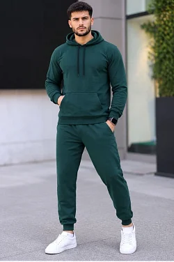 Erkek İki İplik Kapüşonlu Kanguru Cepli Sweatshirt Jogger Pantolon Alt Üst Eşofman Takımı -nefti Yeşili