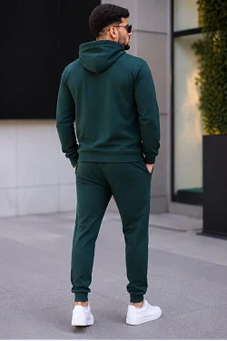 Erkek İki İplik Kapüşonlu Kanguru Cepli Sweatshirt Jogger Pantolon Alt Üst Eşofman Takımı -nefti Yeşili