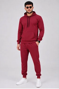Erkek İki İplik Kapüşonlu Kanguru Cepli Sweatshirt Jogger Pantolon Alt Üst Eşofman Takımı -bordo