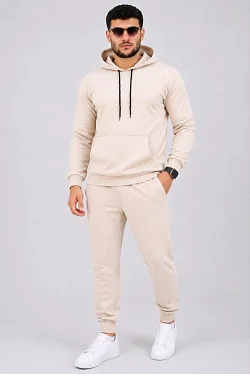 Erkek İki İplik Kapüşonlu Kanguru Cepli Sweatshirt Jogger Pantolon Alt Üst Eşofman Takımı -bej