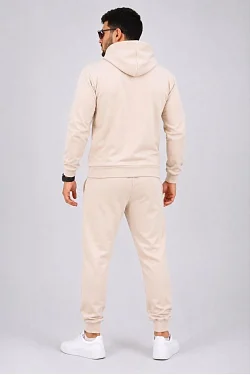 Erkek İki İplik Kapüşonlu Kanguru Cepli Sweatshirt Jogger Pantolon Alt Üst Eşofman Takımı -bej