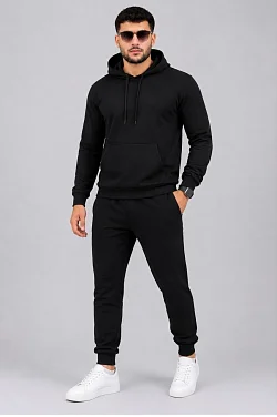 Erkek İki İplik Kapüşonlu Kanguru Cepli Sweatshirt Jogger Pantolon Alt Üst Eşofman Takımı -siyah