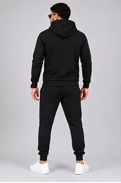 Erkek İki İplik Kapüşonlu Kanguru Cepli Sweatshirt Jogger Pantolon Alt Üst Eşofman Takımı -siyah