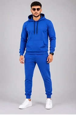 Erkek İki İplik Kapüşonlu Kanguru Cepli Sweatshirt Jogger Pantolon Alt Üst Eşofman Takımı -saks Mavisi