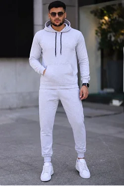 Erkek İki İplik Kapüşonlu Kanguru Cepli Sweatshirt Jogger Pantolon Alt Üst Eşofman Takımı -beyaz