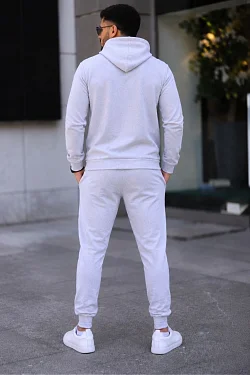 Erkek İki İplik Kapüşonlu Kanguru Cepli Sweatshirt Jogger Pantolon Alt Üst Eşofman Takımı -beyaz