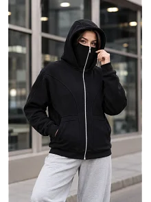 Kadın Maskeli Ninja Model Çift Kapüşonlu 3 İplik Şardonlu Fermuarlı Oversize Sweatshirt - Siyah