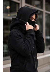Kadın Maskeli Ninja Model Çift Kapüşonlu 3 İplik Şardonlu Fermuarlı Oversize Sweatshirt - Siyah Kadın Maskeli Ninja Model Çift Kapüşonlu 3 İplik Şardonlu Fermuarlı Oversize Sweatshirt - Siyah