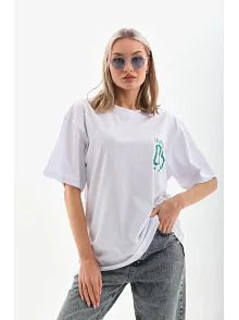 Kadın Kısa Kol Oversize Baskılı T-shirt - Beyaz